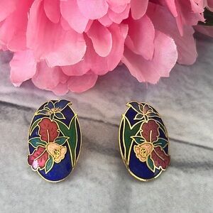 Vintage cloisonné floral oval earrings multi colored pierce